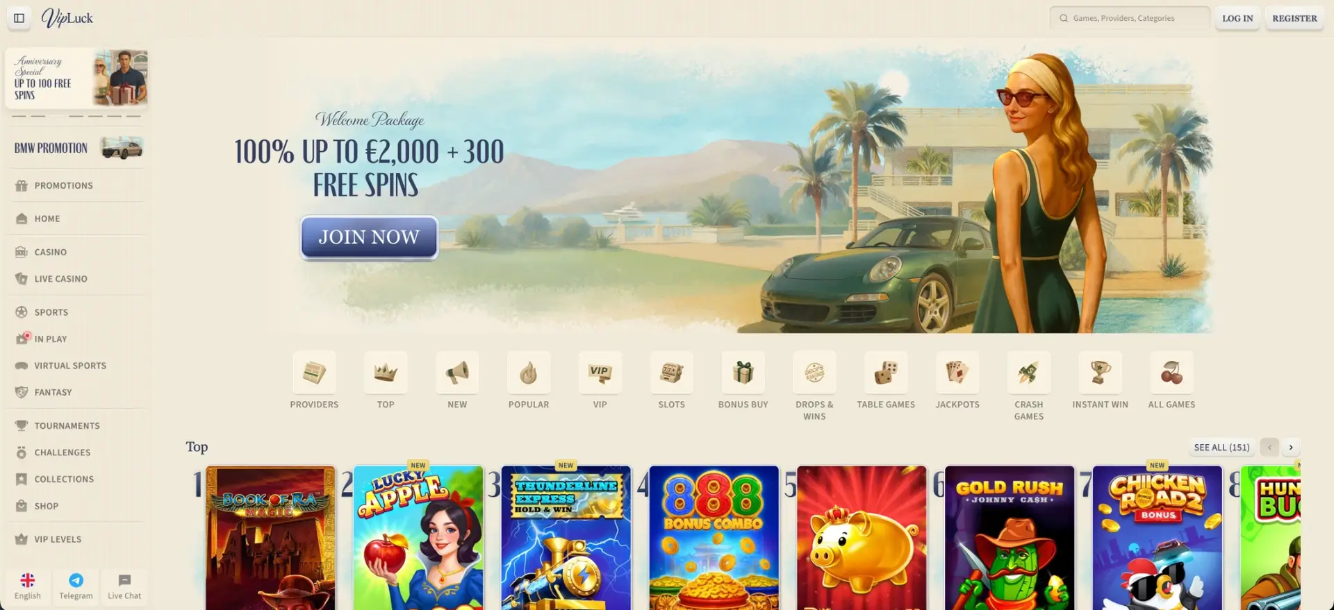 Interface and lobby at Vipluck casino at VipLuck casino