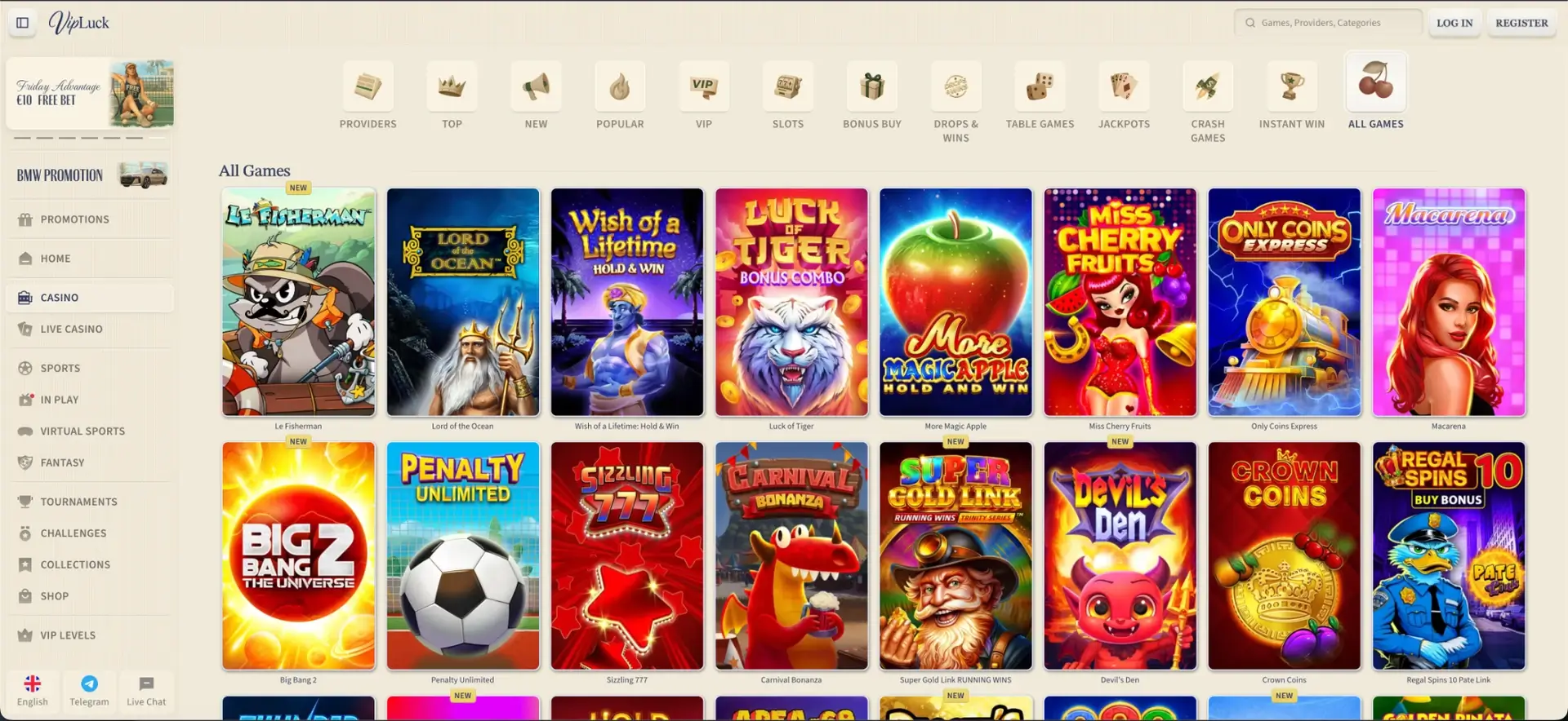 Game selection at Vipluck casino at VipLuck casino