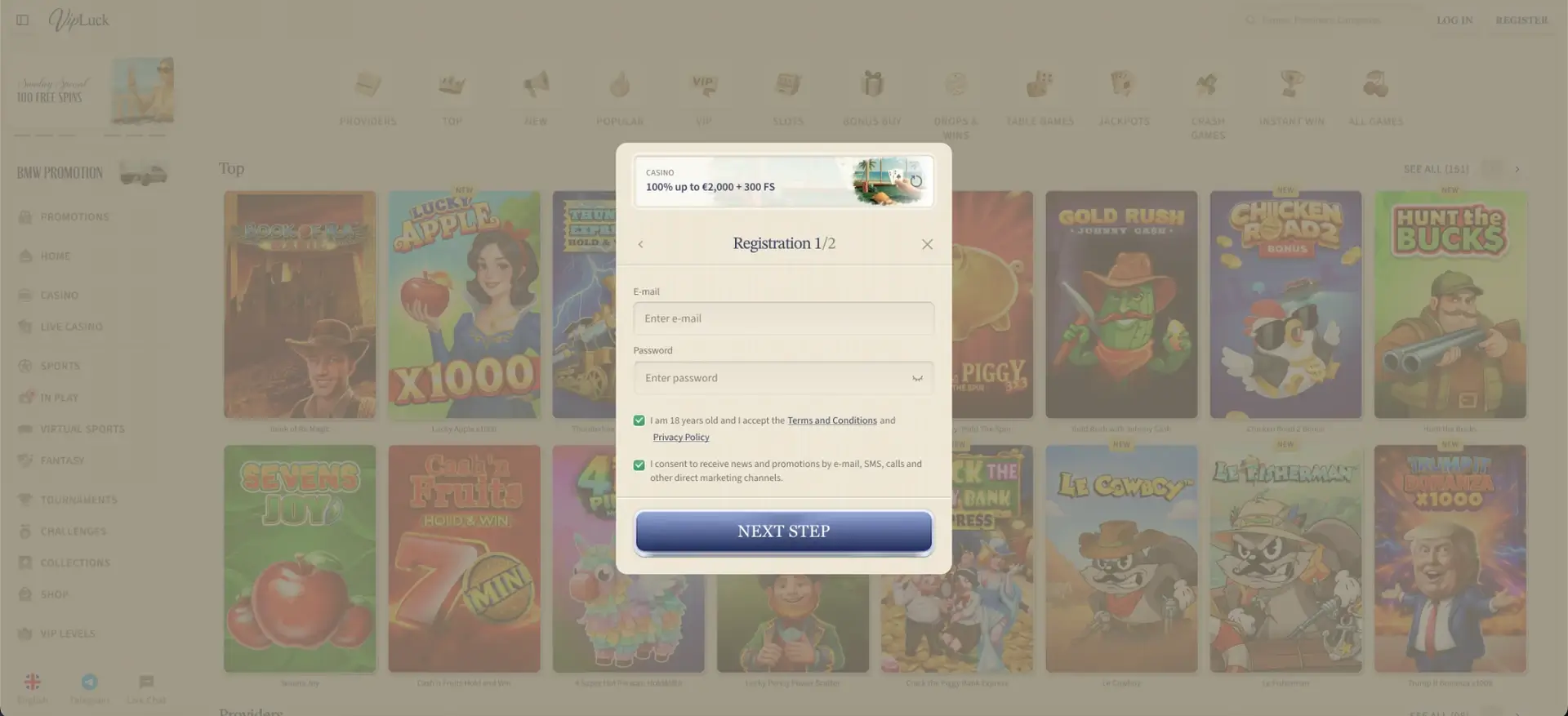 Create an account if you do not have one at VipLuck casino